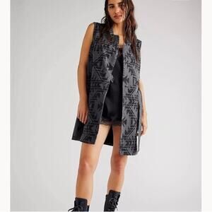 Free People Geometric Print Longline Denim Vest in Black XS